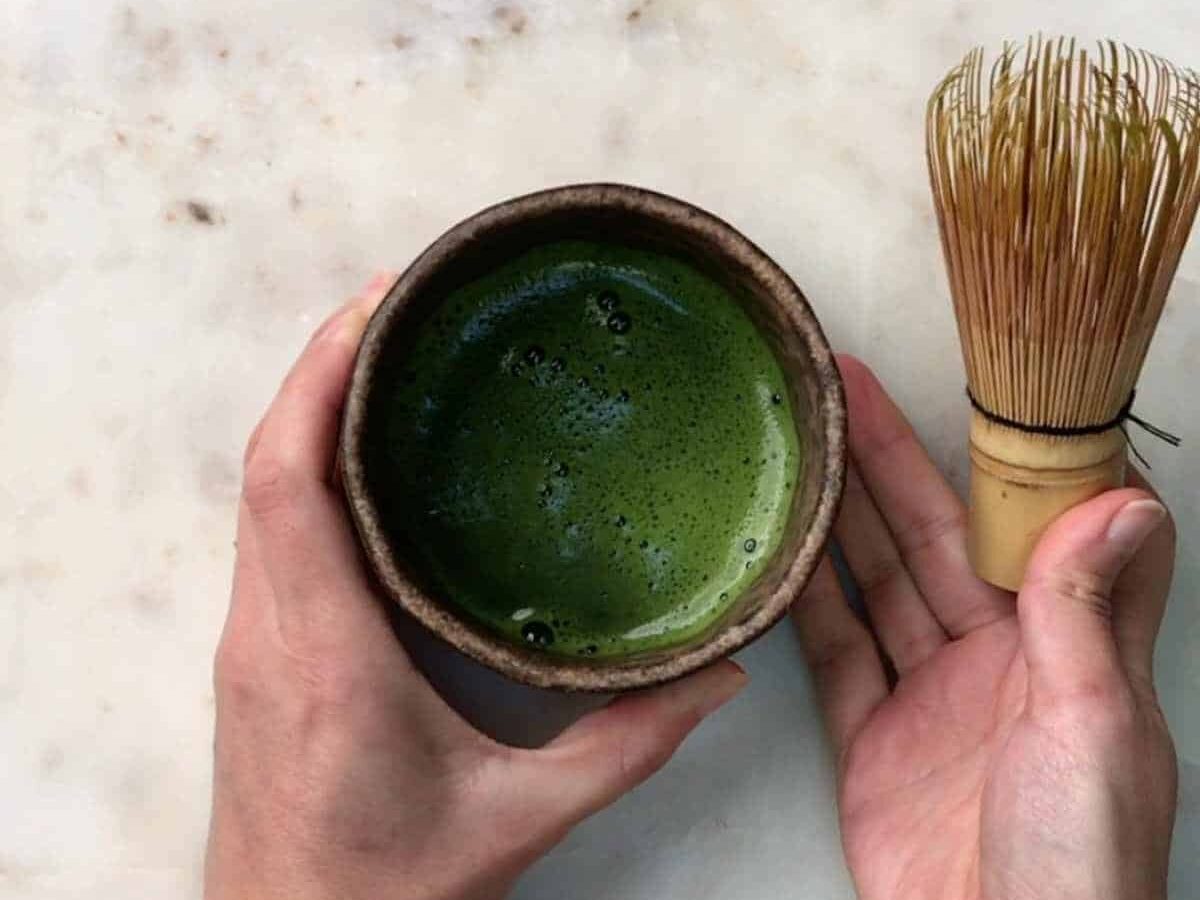 Whisked green tea in a bowl.