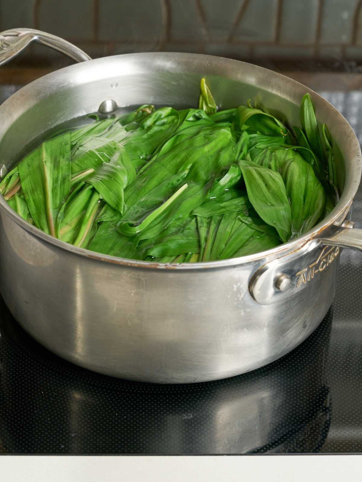 Green leaves submerged in water in a large silver sauce pan.