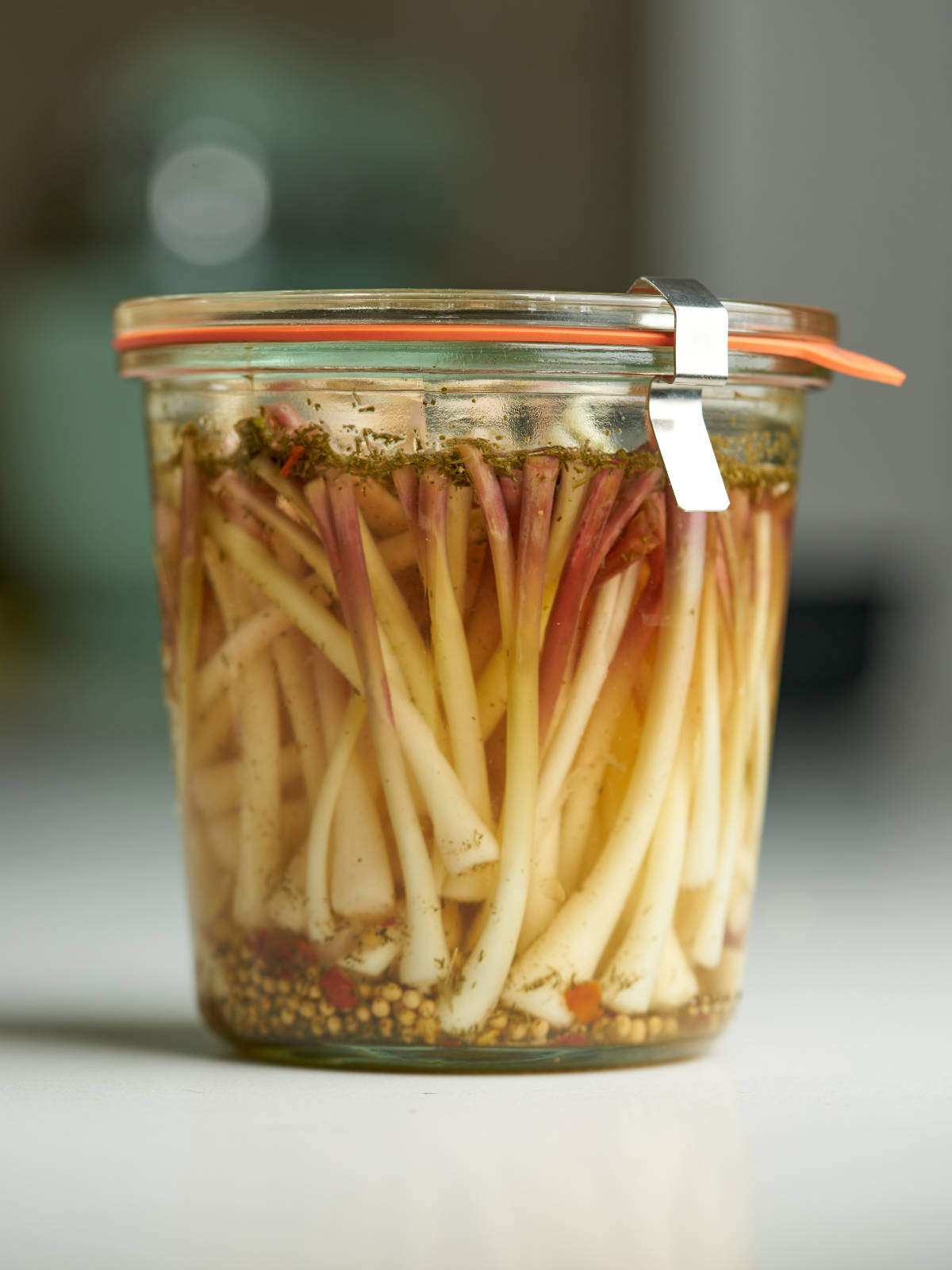 White ramp bulbs in a clear liquid in a sealed glass jar