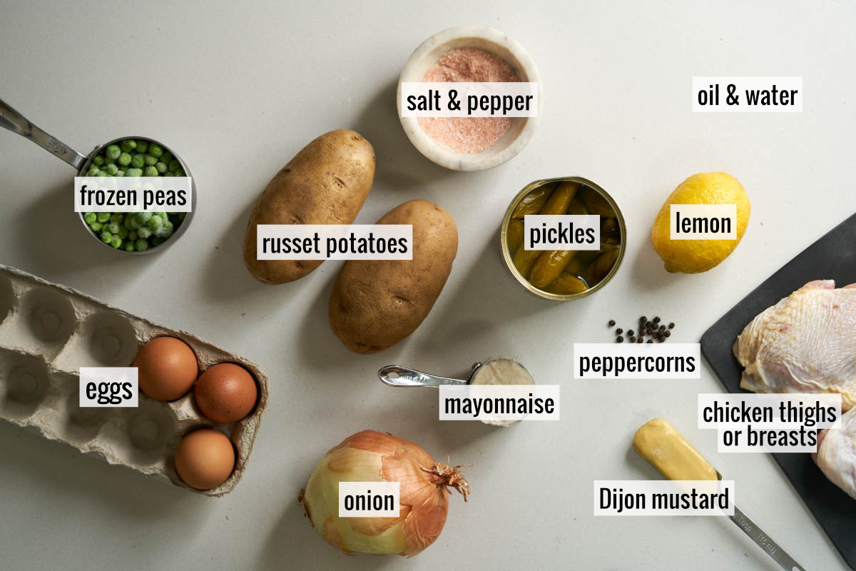 Overhead view of a collection of ingredients including potatoes, chicken thighs, eggs, onion, and pickles.