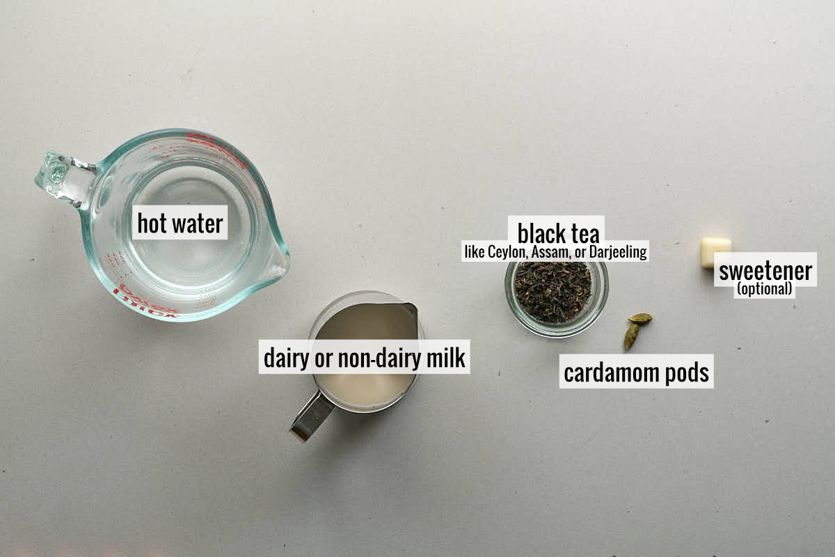 Overhead flat lay of ingredients for Persian latte on a light gray countertop: a glass measuring cup with hot water, a small silver pitcher with dairy or non-dairy milk, a small clear bowl of black tea leaves (labeled "like Ceylon, Assam, or Darjeeling"), a single green cardamom pod, and a white sugar cube (labeled "sweetener (optional)").