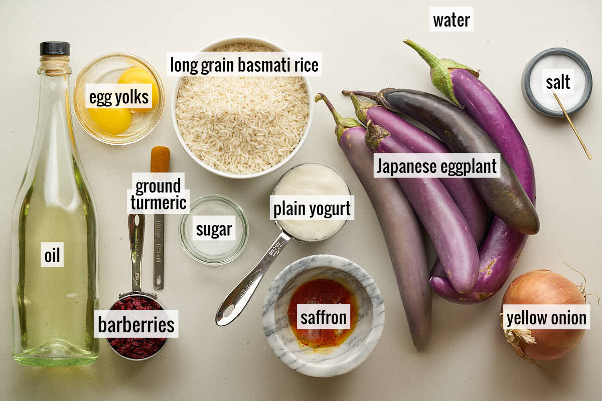 A flat-lay photo of ingredients for a recipe, including eggplant, rice, plain yogurt, egg yolks, onions, barberries, saffron, ground turmeric, sugar, salt, water, and oil.