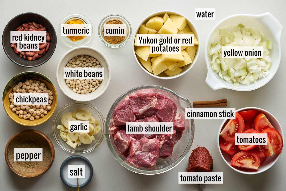 A flat lay of all the raw ingredients labeled, including lamb shoulder, red kidney beans, white beans, chickpeas, potatoes, yellow onion, tomatoes, tomato paste, garlic, turmeric, cumin, cinnamon stick, salt, pepper, and water.