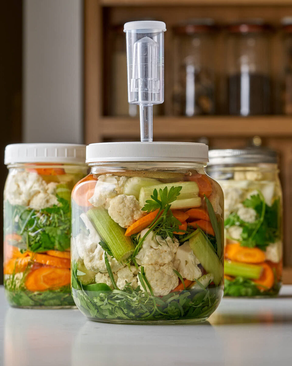 Three glass jars filled with chopped vegetables (cauliflower, carrots, celery, herbs) and brine, with the center jar fitted with a fermentation airlock.